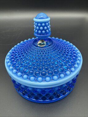 Vintage Westmoreland Blue Opalescent Hobnail Glass Candy Powder Lid Dish EUC